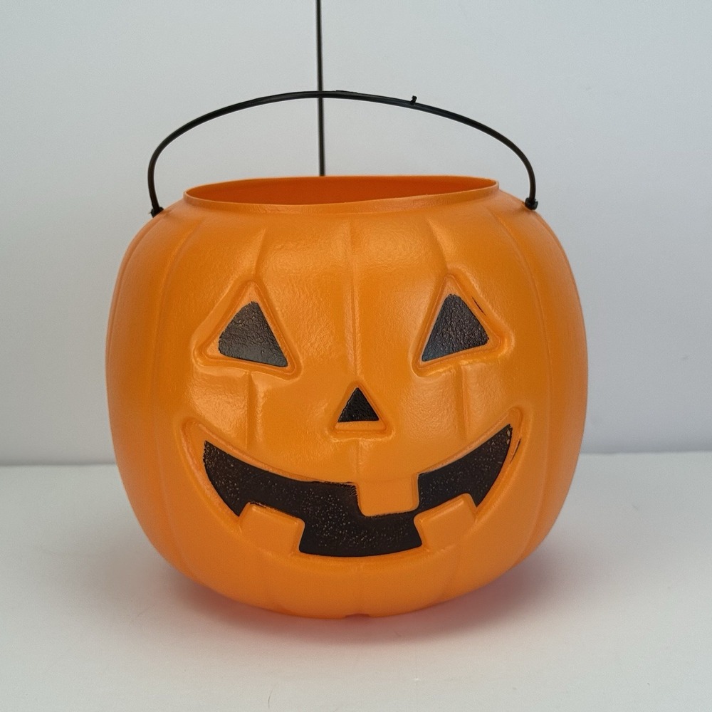 Vtg Amloid Plastic Orange Halloween‎ Jack-O-Lantern Pumpkin Blow Mold Candy Pail